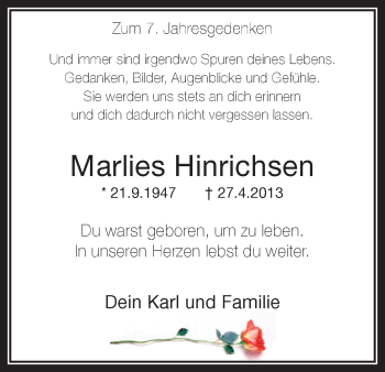 Traueranzeige von Marlies Hinrichsen von Ruhr Nachrichten