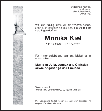 Traueranzeige von Monika Kiel von Ruhr Nachrichten und Dorstener Zeitung