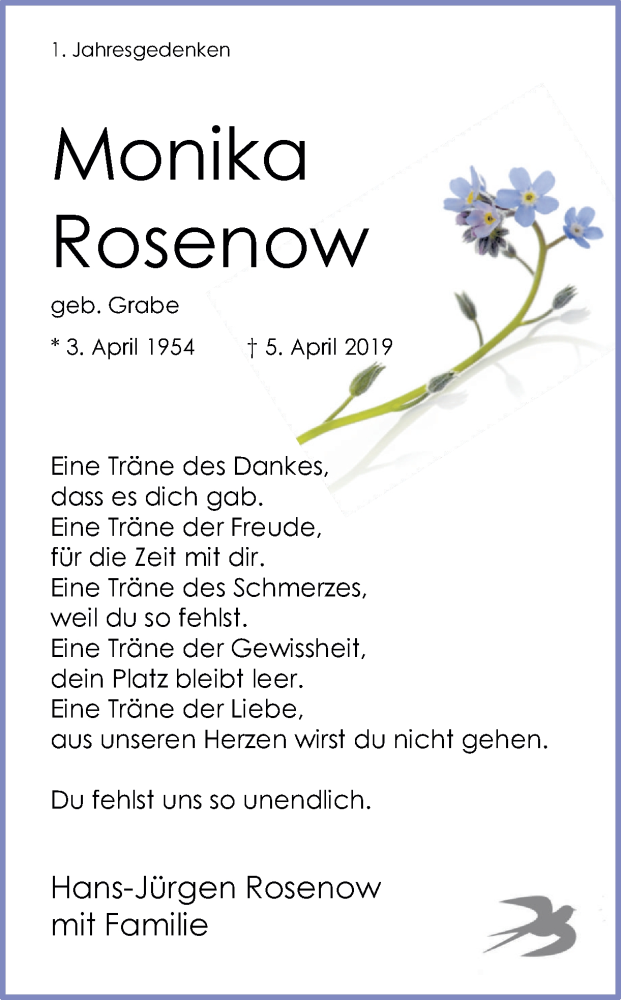  Traueranzeige für Monika Rosenow vom 04.04.2020 aus Ruhr Nachrichten