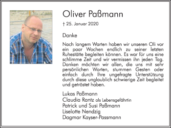 Traueranzeige von Oliver Paßmann von Hellweger Anzeiger