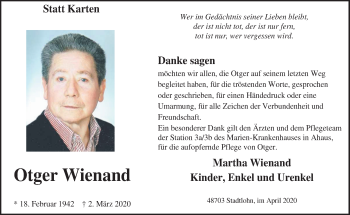 Traueranzeige von Otger Wienand von Münstersche Zeitung und Münsterland Zeitung