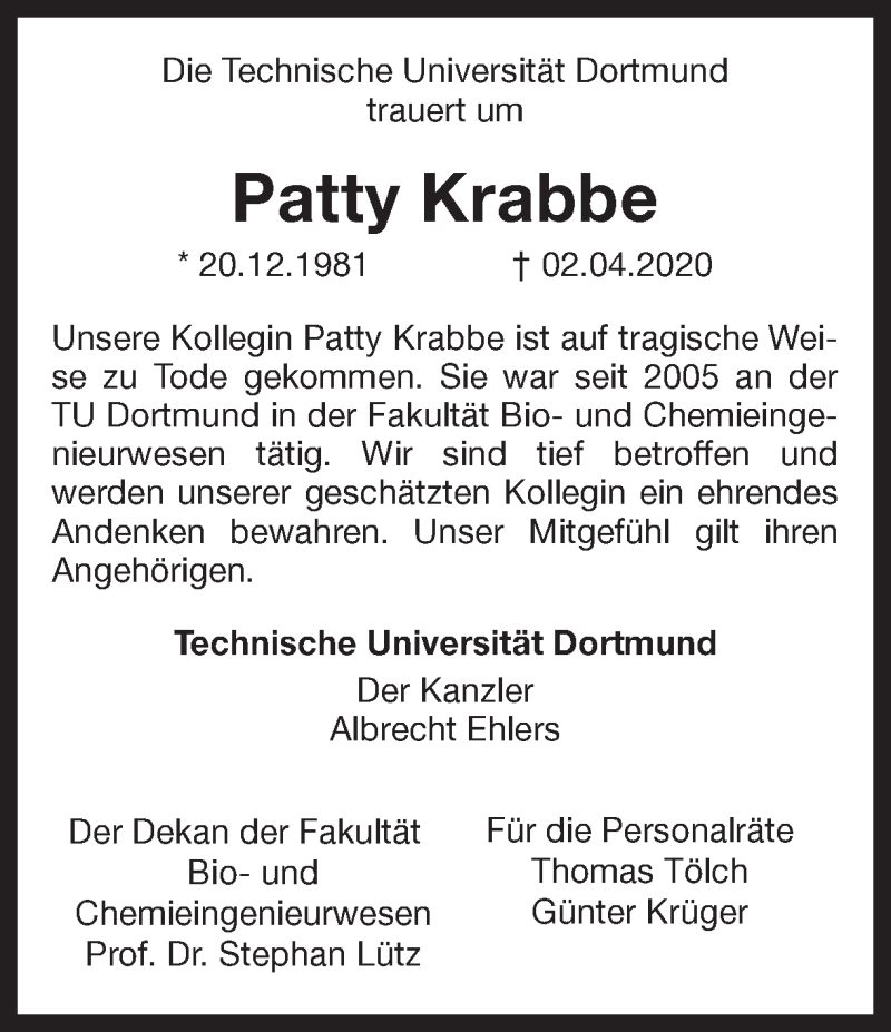  Traueranzeige für Patty Krabbe vom 11.04.2020 aus Ruhr Nachrichten