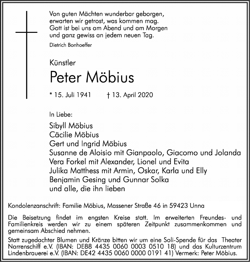  Traueranzeige für Peter Möbius vom 16.04.2020 aus Hellweger Anzeiger