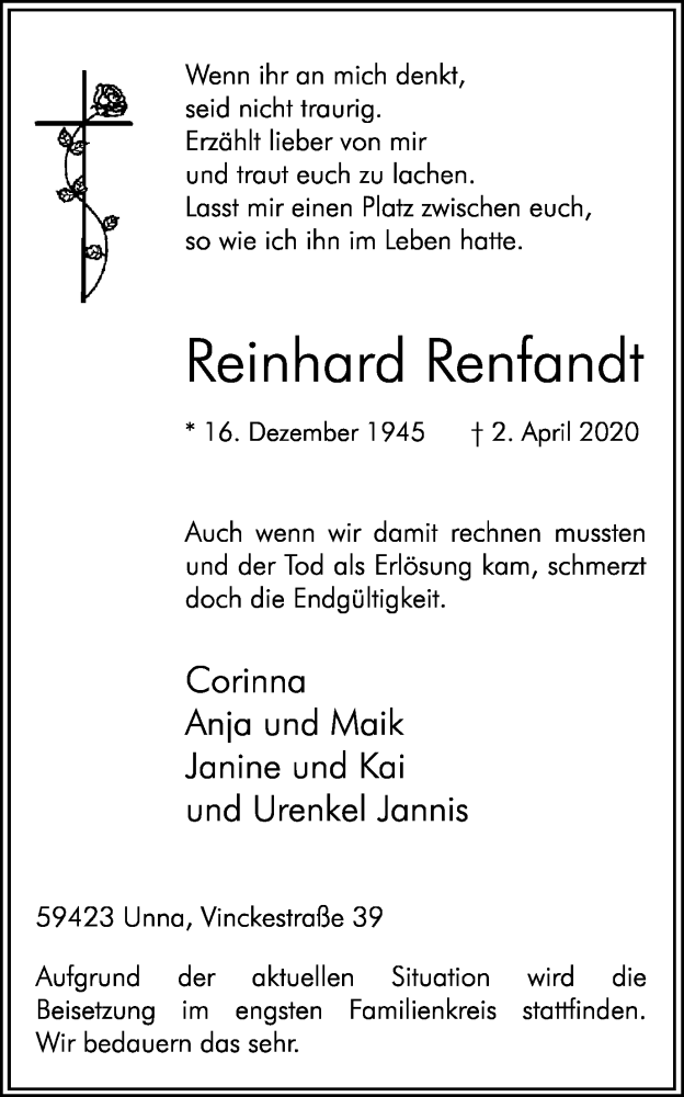  Traueranzeige für Reinhard Renfandt vom 06.04.2020 aus Hellweger Anzeiger