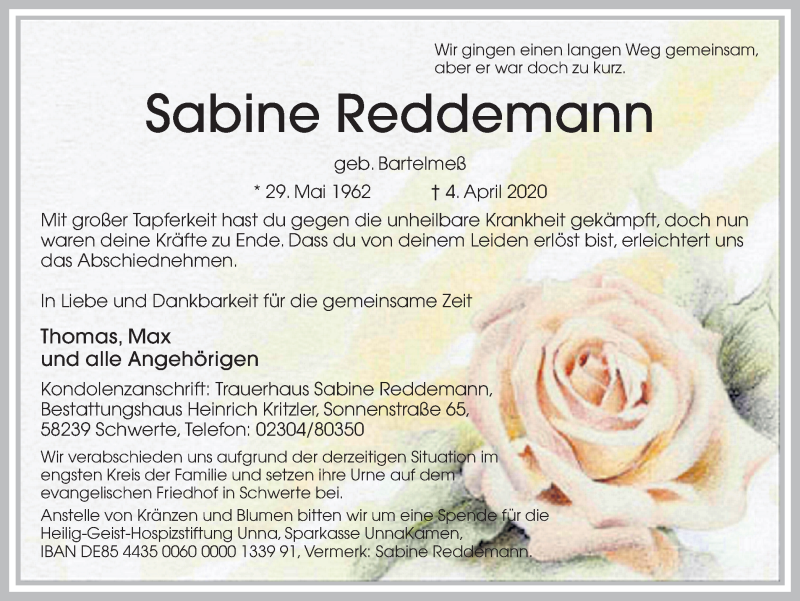  Traueranzeige für Sabine Reddemann vom 08.04.2020 aus Ruhr Nachrichten