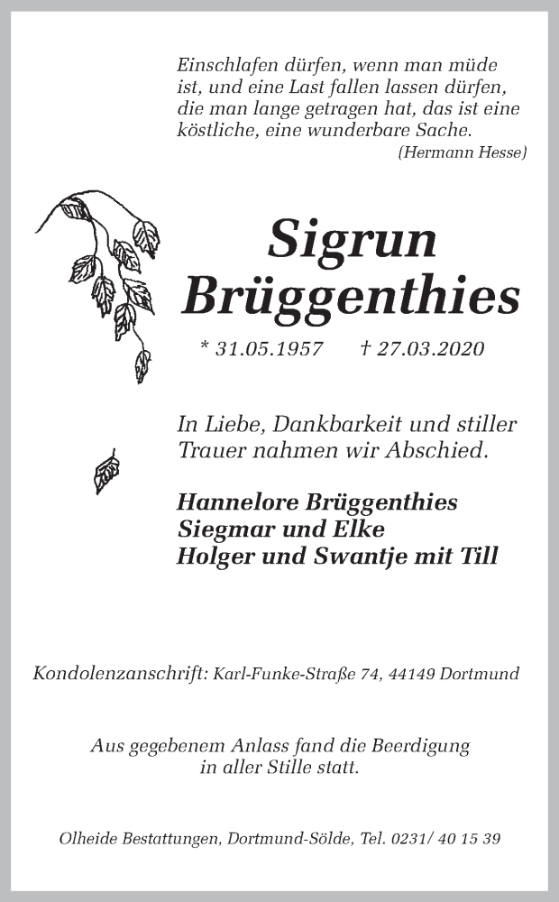  Traueranzeige für Sigrun Brüggenthies vom 02.04.2020 aus Ruhr Nachrichten