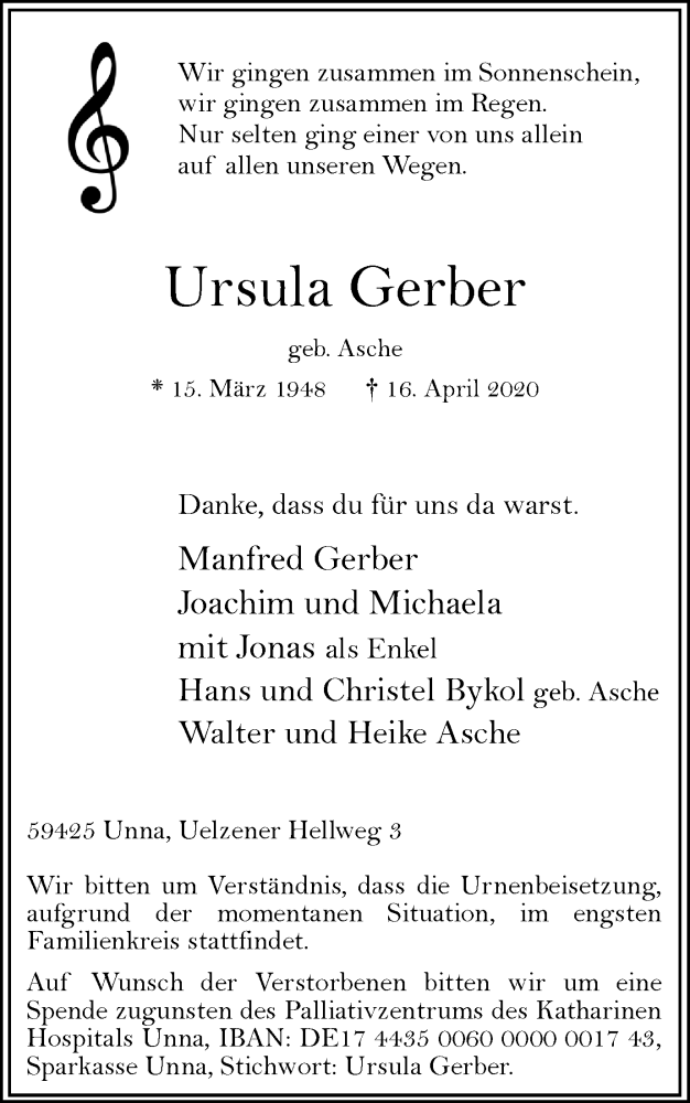 Traueranzeige für Ursula Gerber vom 18.04.2020 aus Hellweger Anzeiger