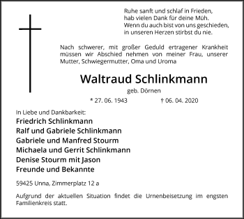 Traueranzeige von Waltraud Schlinkmann von Hellweger Anzeiger