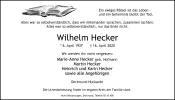 Traueranzeige von Wilhelm Hecker von Ruhr Nachrichten