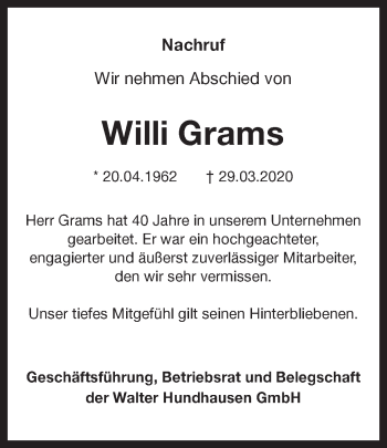 Traueranzeige von Willi Grams von Ruhr Nachrichten