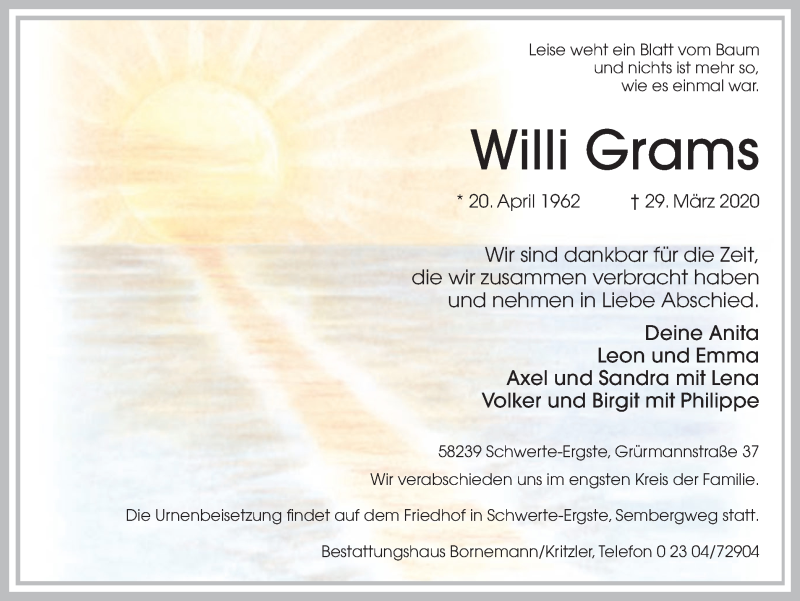  Traueranzeige für Willi Grams vom 04.04.2020 aus Ruhr Nachrichten