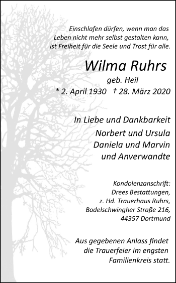 Traueranzeige von Wilma Ruhrs von Ruhr Nachrichten