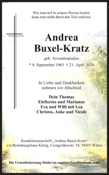 Traueranzeige von Andrea Buxel-Kratz von Ruhr Nachrichten