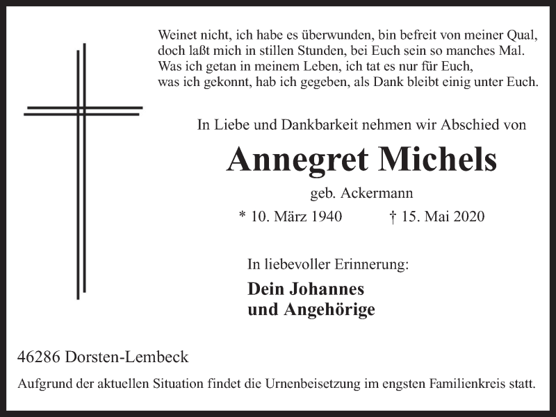  Traueranzeige für Annegret Michels vom 20.05.2020 aus Ruhr Nachrichten und Dorstener Zeitung