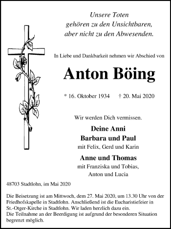 Traueranzeige von Anton Böing von Münstersche Zeitung und Münsterland Zeitung