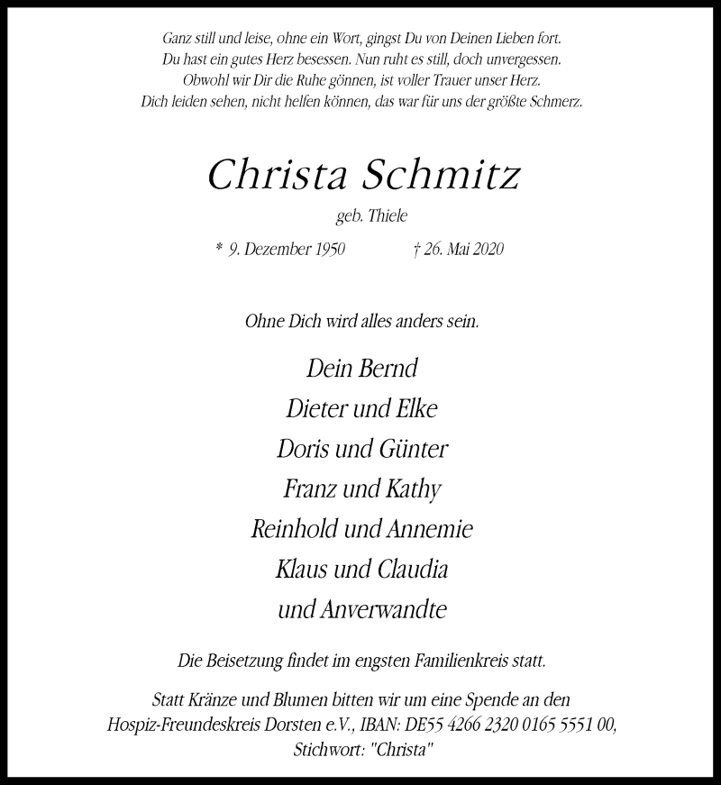 Traueranzeige für Christa Schmitz vom 29.05.2020 aus Ruhr Nachrichten und Dorstener Zeitung
