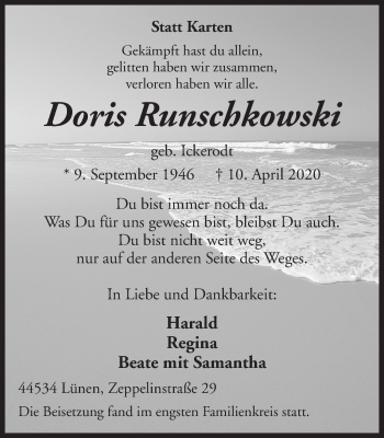 Traueranzeige von Doris Runschkowski von Ruhr Nachrichten