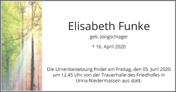 Traueranzeige von Elisabeth Funke von Hellweger Anzeiger