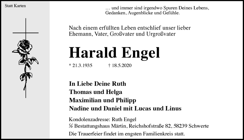  Traueranzeige für Harald Engel vom 23.05.2020 aus Ruhr Nachrichten
