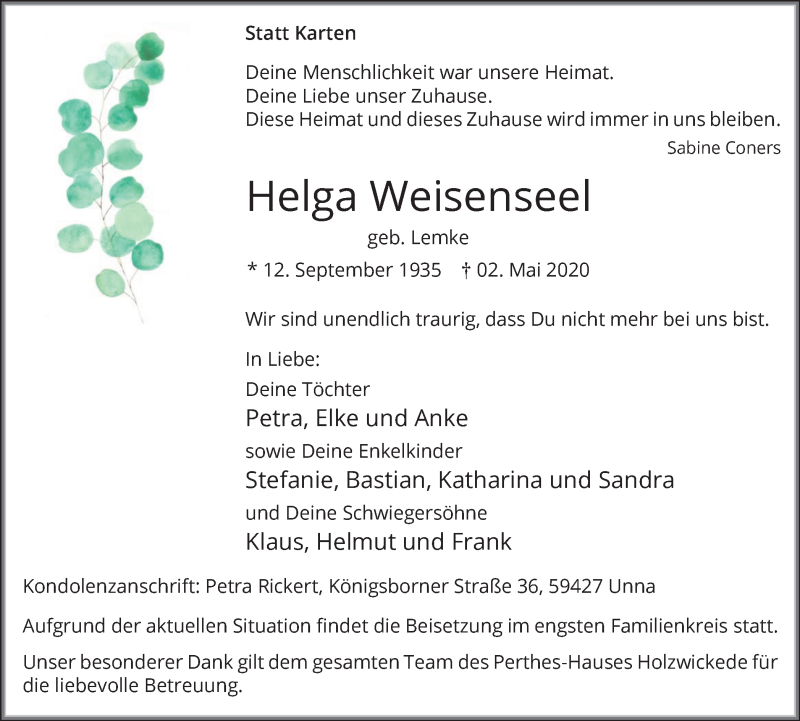  Traueranzeige für Helga Weisenseel vom 05.05.2020 aus Hellweger Anzeiger