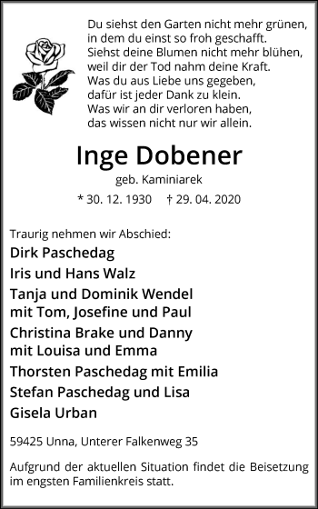 Traueranzeige von Inge Dobener von Hellweger Anzeiger