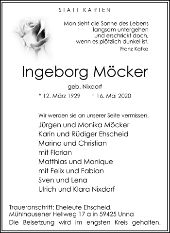 Traueranzeige von Ingeborg Möcker von Hellweger Anzeiger