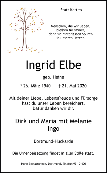 Traueranzeige von Ingrid Elbe von Ruhr Nachrichten