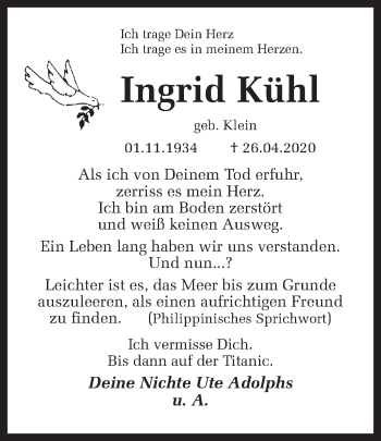 Traueranzeige von Ingrid Kühl von Ruhr Nachrichten
