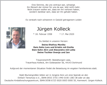 Traueranzeige von Jürgen Kolleck von Ruhr Nachrichten