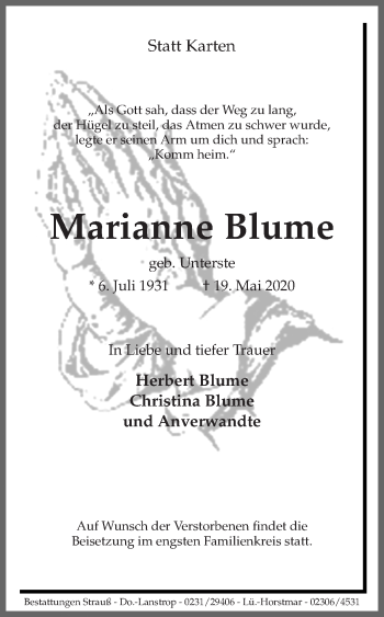 Traueranzeige von Marianne Blume von Ruhr Nachrichten