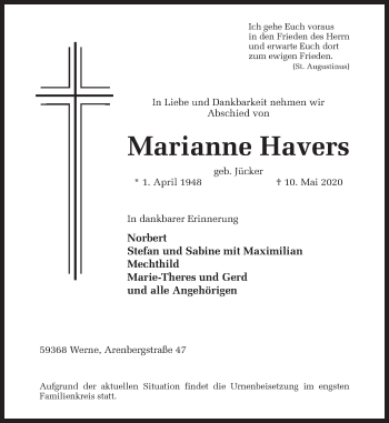 Traueranzeige von Marianne Havers von Ruhr Nachrichten
