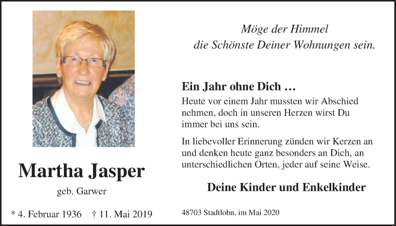  Traueranzeige für Martha Jasper vom 11.05.2020 aus Münstersche Zeitung und Münsterland Zeitung