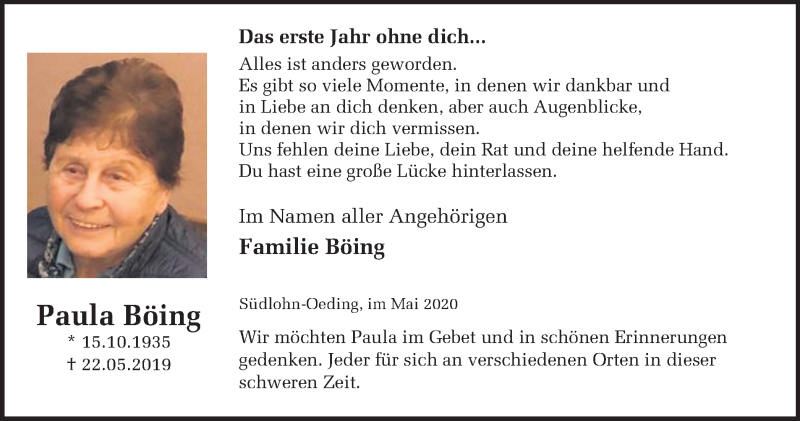  Traueranzeige für Paula Böing vom 20.05.2020 aus Münstersche Zeitung und Münsterland Zeitung