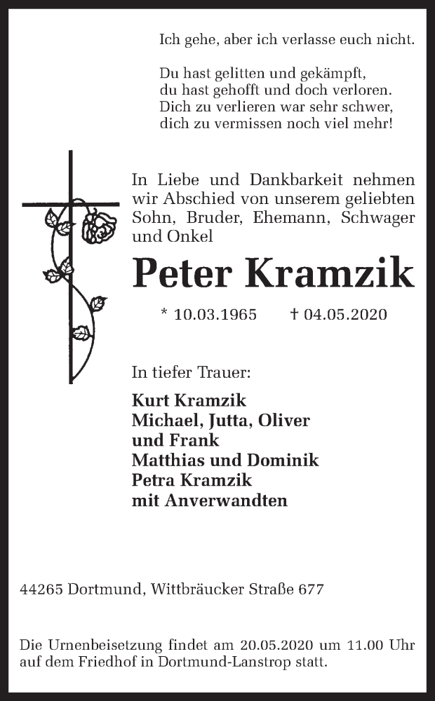  Traueranzeige für Peter Kramzik vom 08.05.2020 aus Ruhr Nachrichten