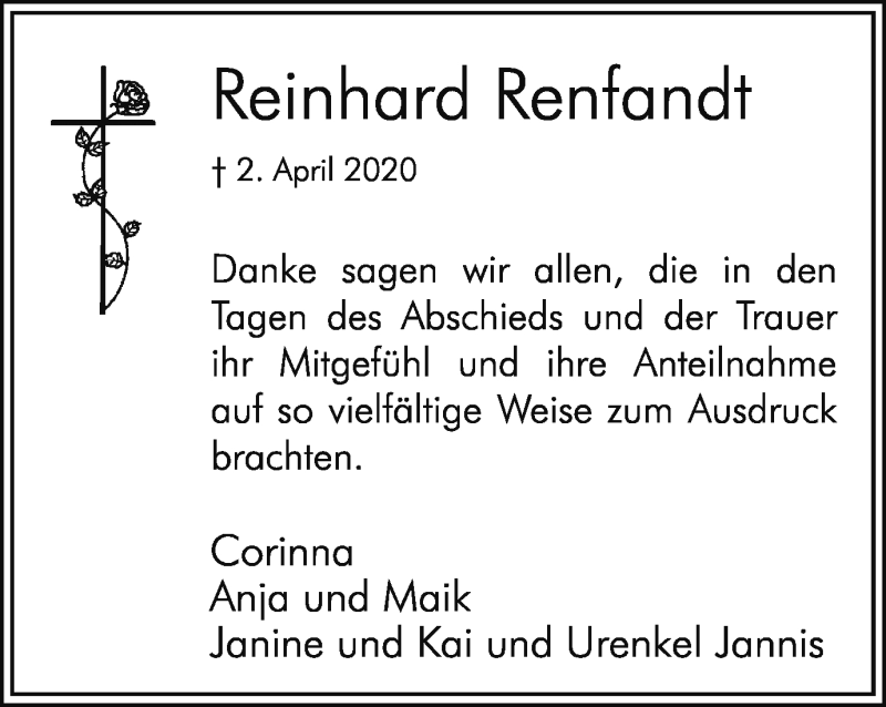 Traueranzeige für Reinhard Renfandt vom 08.05.2020 aus Hellweger Anzeiger