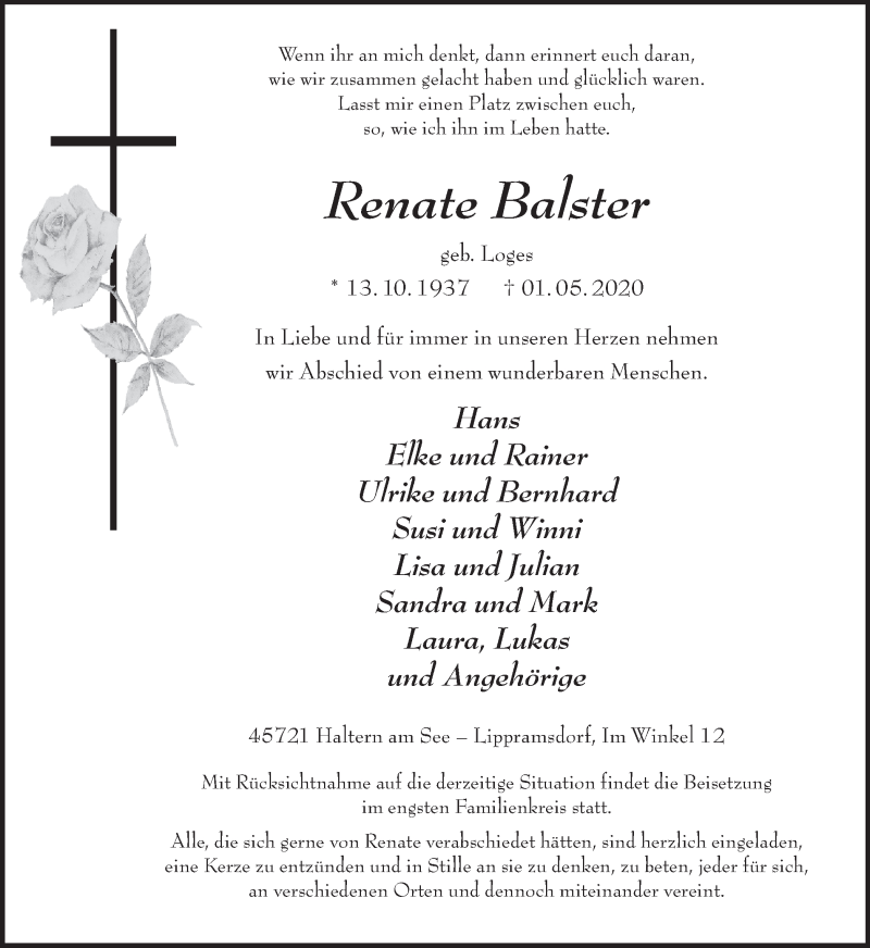  Traueranzeige für Renate Balster vom 05.05.2020 aus Ruhr Nachrichten und Halterner Zeitung