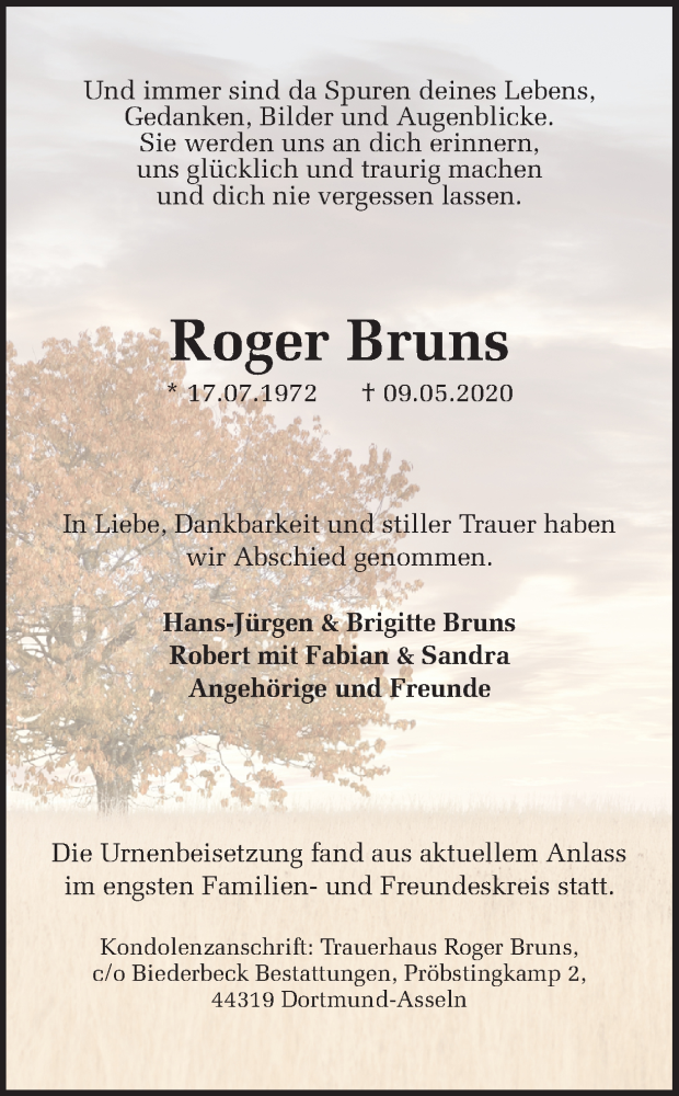 Traueranzeige für Roger Bruns vom 30.05.2020 aus Ruhr Nachrichten