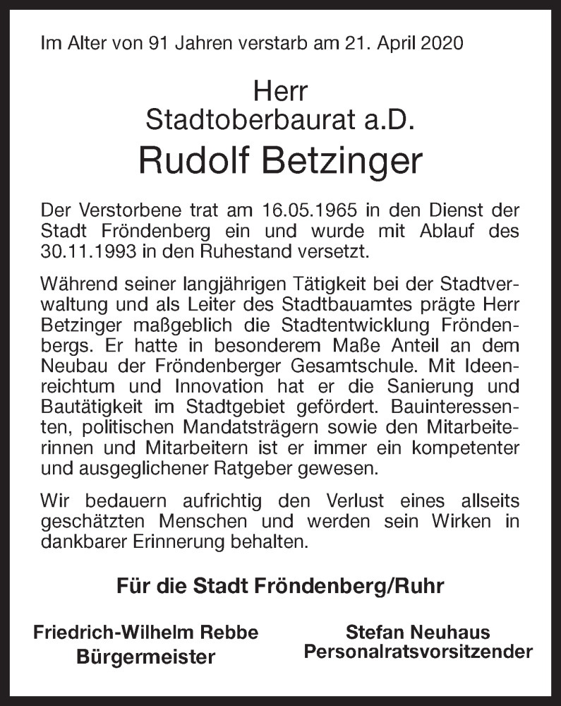 Traueranzeige für Rudolf Betzinger vom 02.05.2020 aus Hellweger Anzeiger