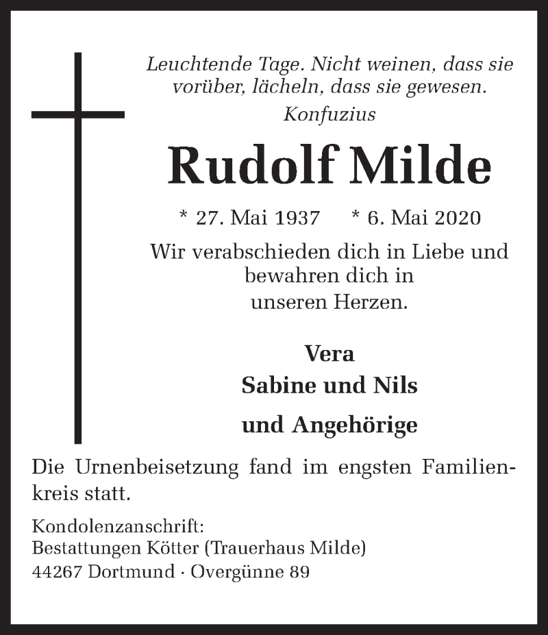  Traueranzeige für Rudolf Milde vom 23.05.2020 aus Ruhr Nachrichten
