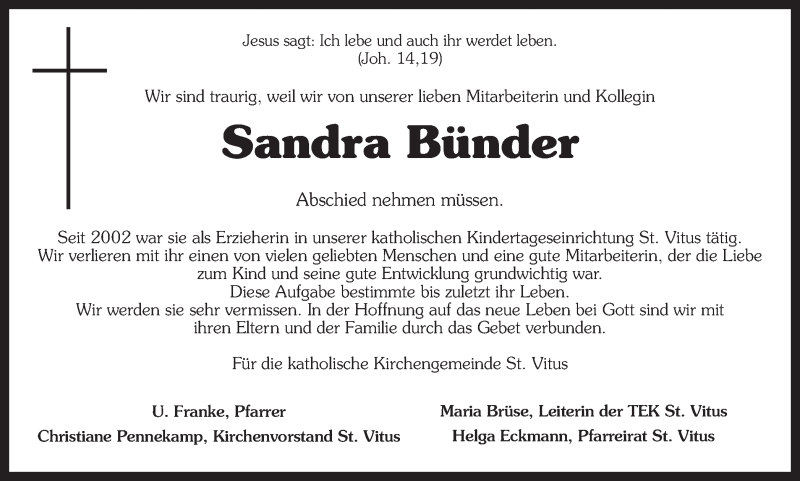  Traueranzeige für Sandra Bünder vom 02.05.2020 aus Ruhr Nachrichten