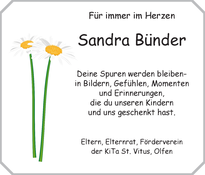  Traueranzeige für Sandra Bünder vom 04.05.2020 aus Ruhr Nachrichten