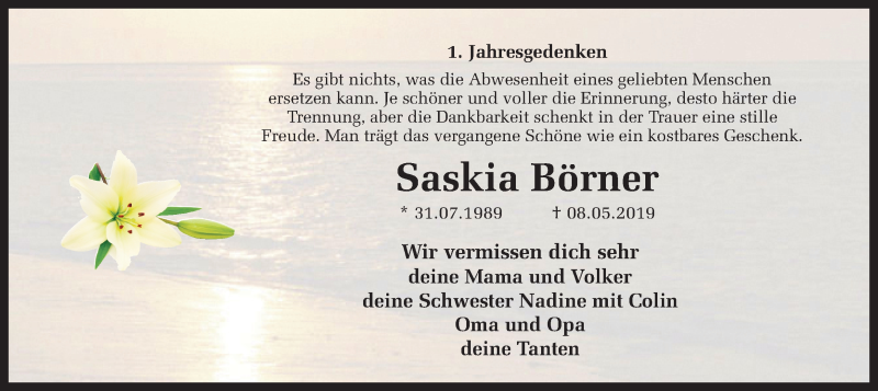  Traueranzeige für Saskia Börner vom 09.05.2020 aus Ruhr Nachrichten