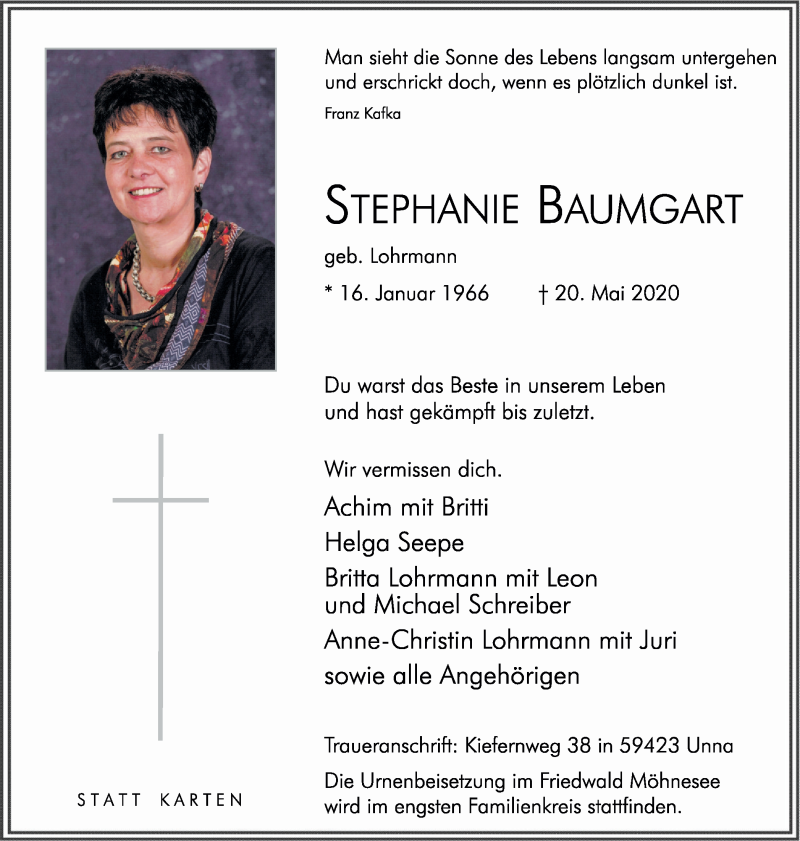  Traueranzeige für Stephanie Baumgart vom 23.05.2020 aus Hellweger Anzeiger