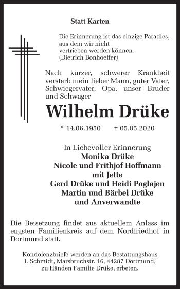 Traueranzeige von Wilhelm Drüke von Ruhr Nachrichten