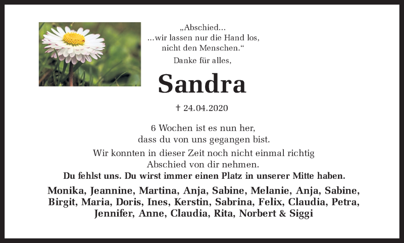  Traueranzeige für Sandra Bünder vom 05.06.2020 aus Ruhr Nachrichten