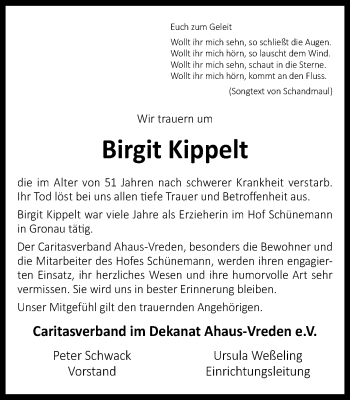 Traueranzeige von Birgit Kippelt von Münstersche Zeitung und Münsterland Zeitung