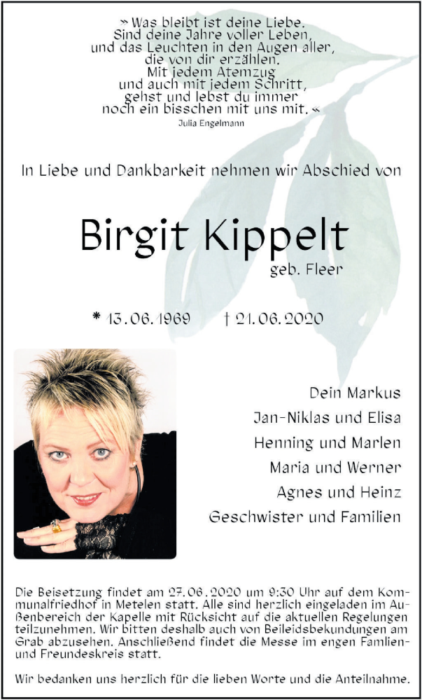  Traueranzeige für Birgit Kippelt vom 25.06.2020 aus Münstersche Zeitung und Münsterland Zeitung
