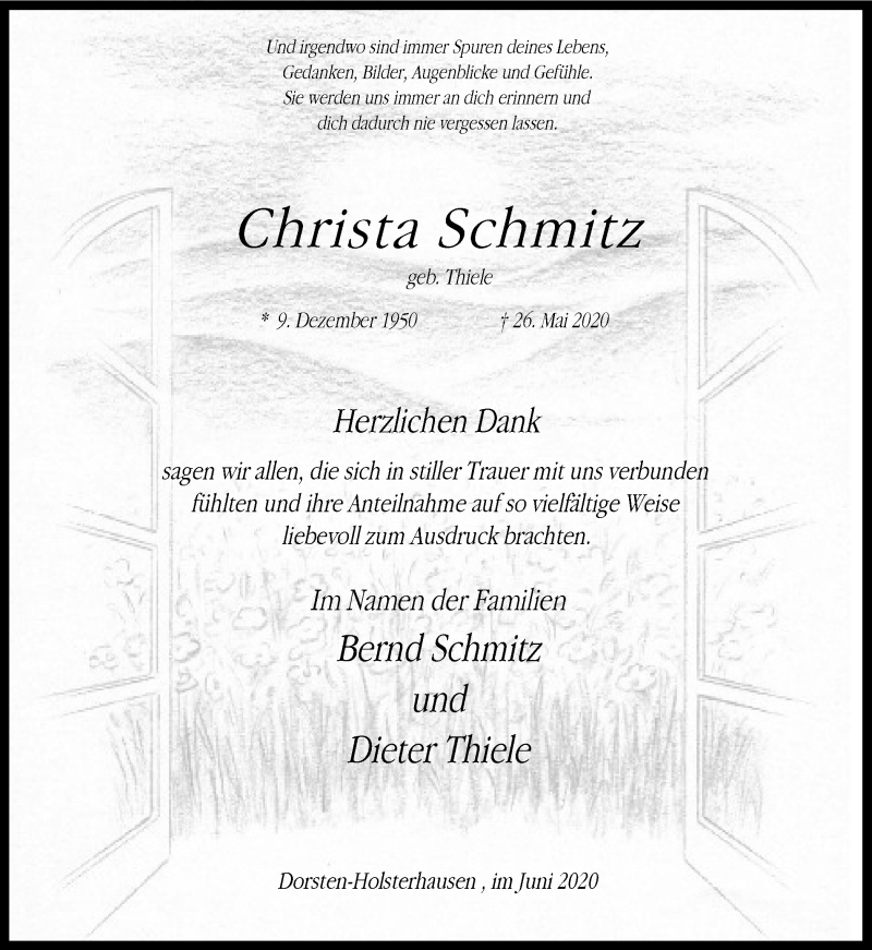  Traueranzeige für Christa Schmitz vom 26.06.2020 aus Ruhr Nachrichten und Dorstener Zeitung