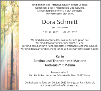 Traueranzeige von Dora Schmitt von Hellweger Anzeiger