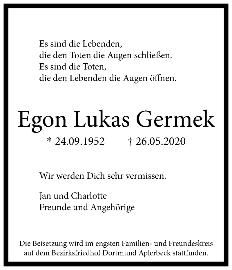  Traueranzeige für Egon Lukas Germek vom 06.06.2020 aus Ruhr Nachrichten